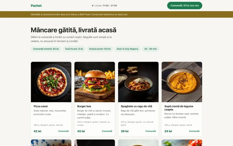 Site de livrare, cu produse și reguli de livrare