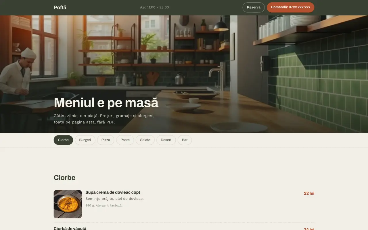 Site pentru un restaurant cu meniu mare, construit de noi